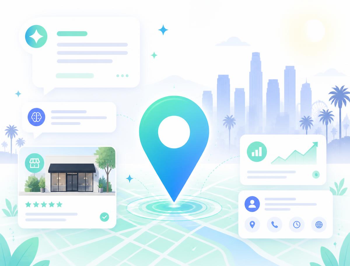 Illustration of a local business listing being surfaced inside AI chat answers over a Los Angeles map